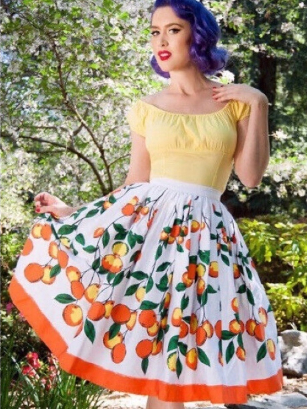 Pinup Couture PUG Jenny Swing Skirt In Orange Border Print Size S NWOT